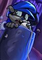 A Young Sly Talking To Bentley Inside A Trash Can While Inside Ms. Puffin's Office And Ready To Commence "Opreration: Cookie Connection" From "The Adventures Of Sly Cooper #1."