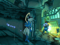 Highlighted by the blue "thief sense" auras, Sly Cooper sneaks along a wall to avoid detection
